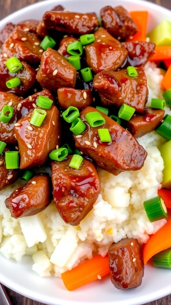 A plate of Mongolian Beef with Rice, featuring beef in sauce over rice, garnished with green onions and sesame seeds.
